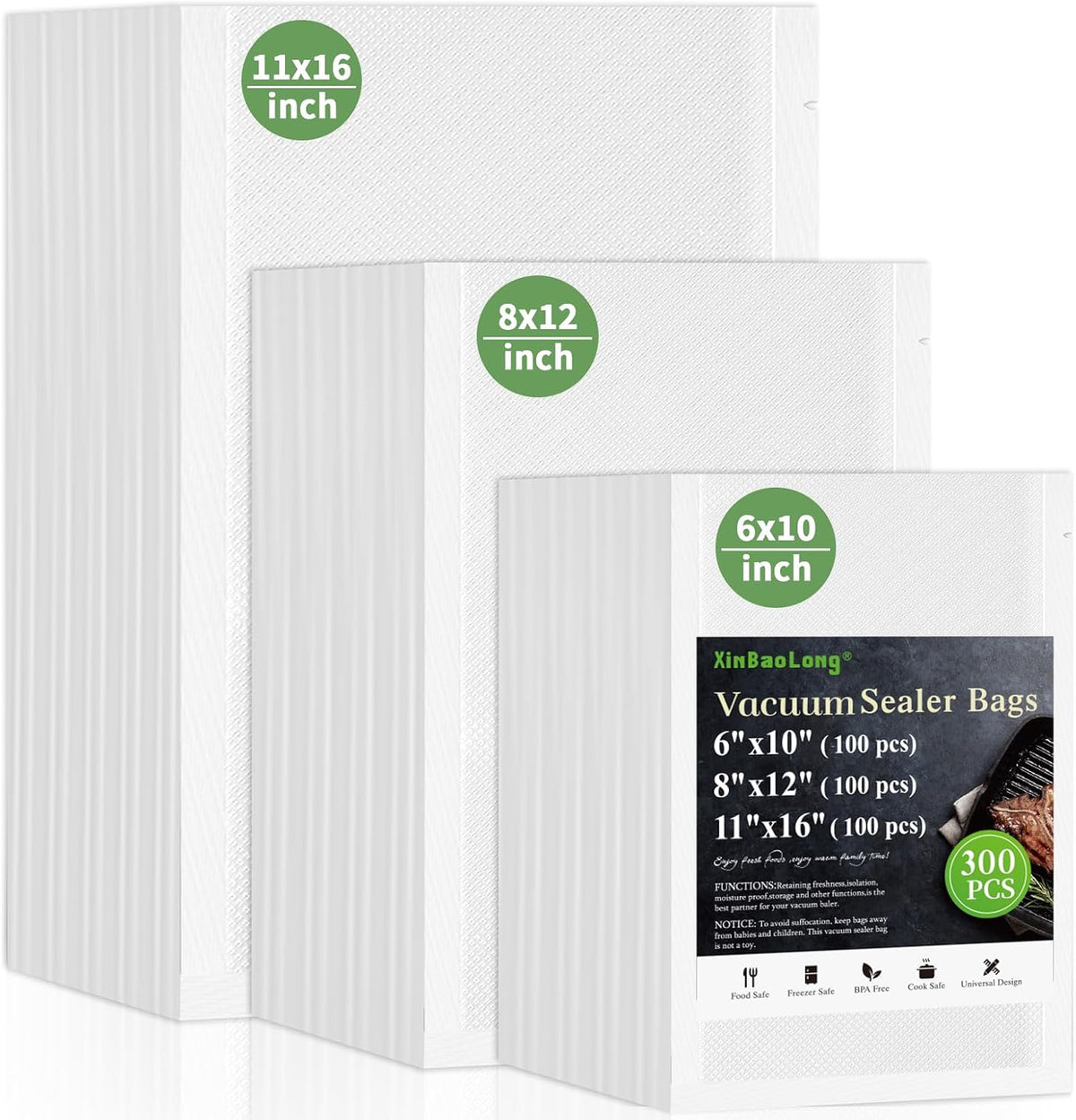Vacuum Sealer Bags, 11"x16" Gallon, 8"x12" Quart, 6"x10" Pint, 150Pcs