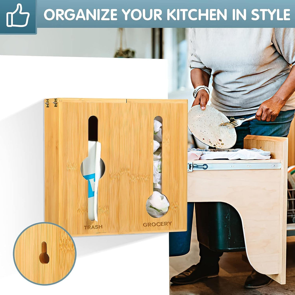 Bamboo Trash bag dispenser , Grocery Bags organizer, Grocery plastic bag Holder , 2 in 1 Bamboo dispenser storage wit Large capacity , Dispenser for garbage and groceries bags