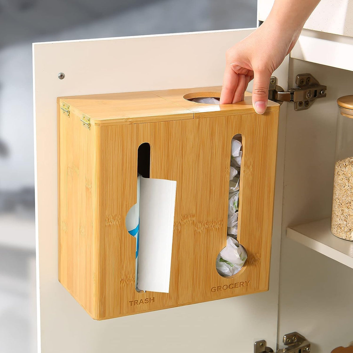 Bamboo Trash bag dispenser , Grocery Bags organizer, Grocery plastic bag Holder , 2 in 1 Bamboo dispenser storage wit Large capacity , Dispenser for garbage and groceries bags
