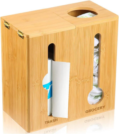 Bamboo Trash bag dispenser , Grocery Bags organizer, Grocery plastic bag Holder , 2 in 1 Bamboo dispenser storage wit Large capacity , Dispenser for garbage and groceries bags