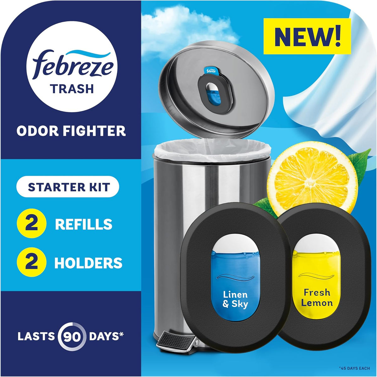 Odor Fighter, Can Air Freshener, Stick-On Deodorizer for Garbage Cans, Diaper Pails, Works with Scented Bags, Fresh Lemon and Linen & Sky Scents, 2 Holders + 2 Refills