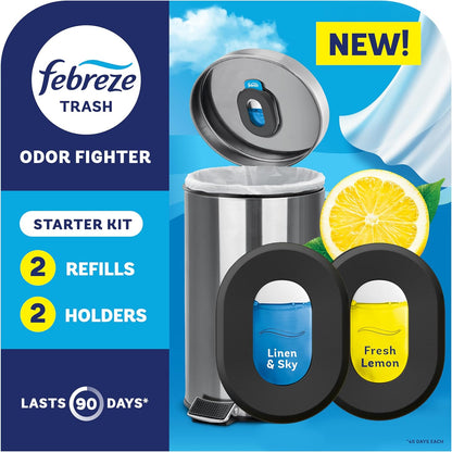 Odor Fighter, Can Air Freshener, Stick-On Deodorizer for Garbage Cans, Diaper Pails, Works with Scented Bags, Fresh Lemon and Linen & Sky Scents, 2 Holders + 2 Refills