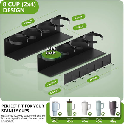 Max Capacity 8-Cup (2x4) Magnetic Stanley Cup Holder for Stanley & Yeti Tumblers (20/30/40oz) – Holds 4 Water Bottle Each, Tumbler Organizer with 7 Hooks for Kitchen Fridge & Metal Surfaces