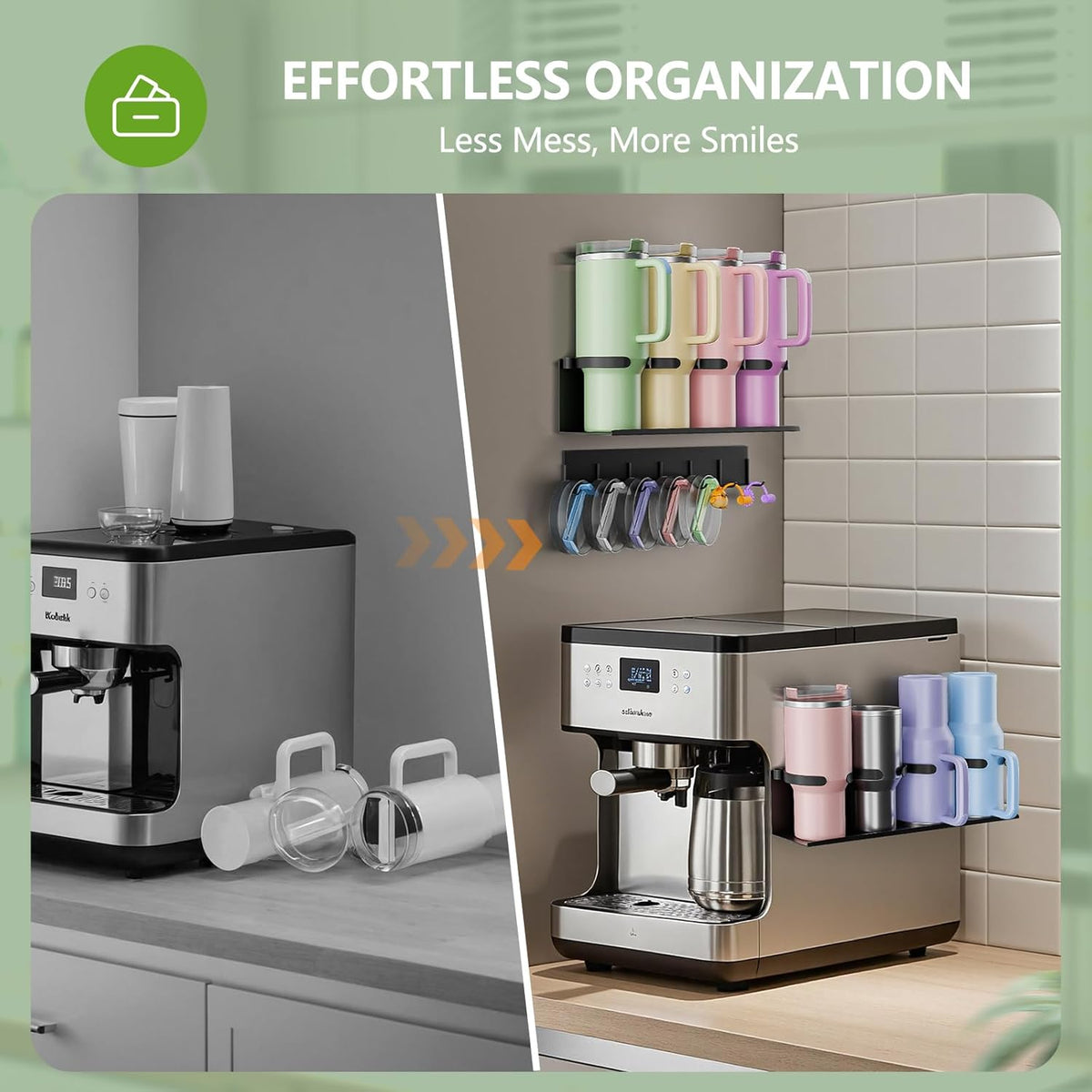 Max Capacity 8-Cup (2x4) Magnetic Stanley Cup Holder for Stanley & Yeti Tumblers (20/30/40oz) – Holds 4 Water Bottle Each, Tumbler Organizer with 7 Hooks for Kitchen Fridge & Metal Surfaces