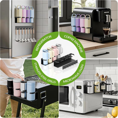 Max Capacity 8-Cup (2x4) Magnetic Stanley Cup Holder for Stanley & Yeti Tumblers (20/30/40oz) – Holds 4 Water Bottle Each, Tumbler Organizer with 7 Hooks for Kitchen Fridge & Metal Surfaces