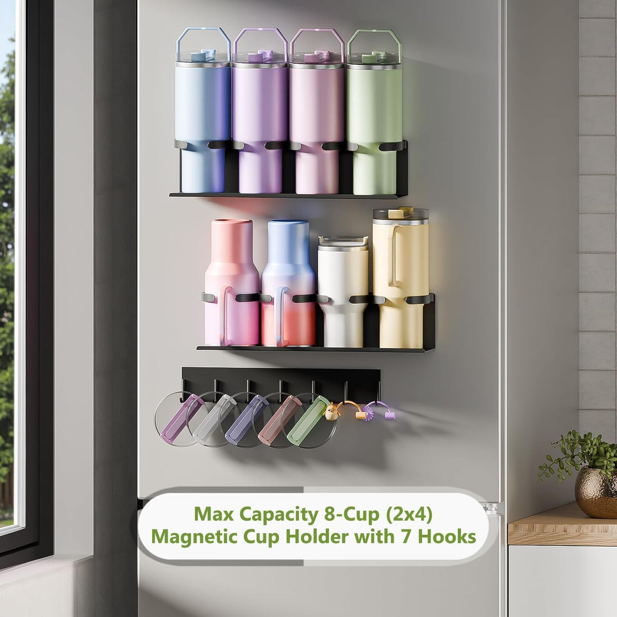 Max Capacity 8-Cup (2x4) Magnetic Stanley Cup Holder for Stanley & Yeti Tumblers (20/30/40oz) – Holds 4 Water Bottle Each, Tumbler Organizer with 7 Hooks for Kitchen Fridge & Metal Surfaces