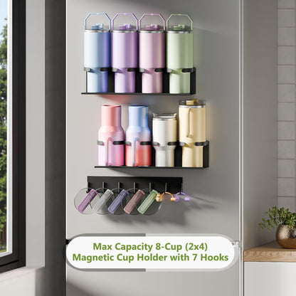 Max Capacity 8-Cup (2x4) Magnetic Stanley Cup Holder for Stanley & Yeti Tumblers (20/30/40oz) – Holds 4 Water Bottle Each, Tumbler Organizer with 7 Hooks for Kitchen Fridge & Metal Surfaces