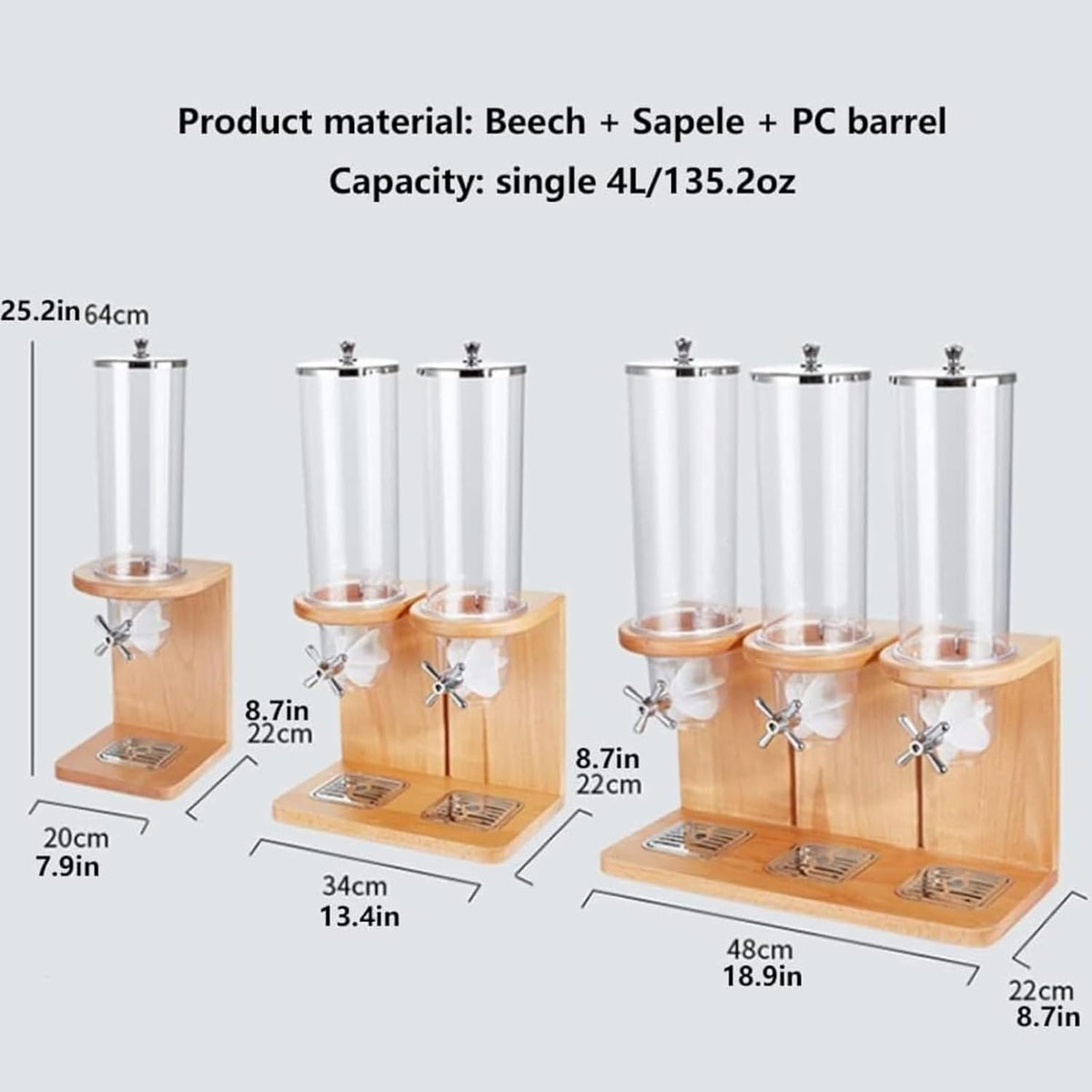 Cereal Dispenser Countertop Counter Top Rotating Cereal Grain Food Dispenser Dry Food Grain Nut Candy Snack Rice Triple (beech,12L)