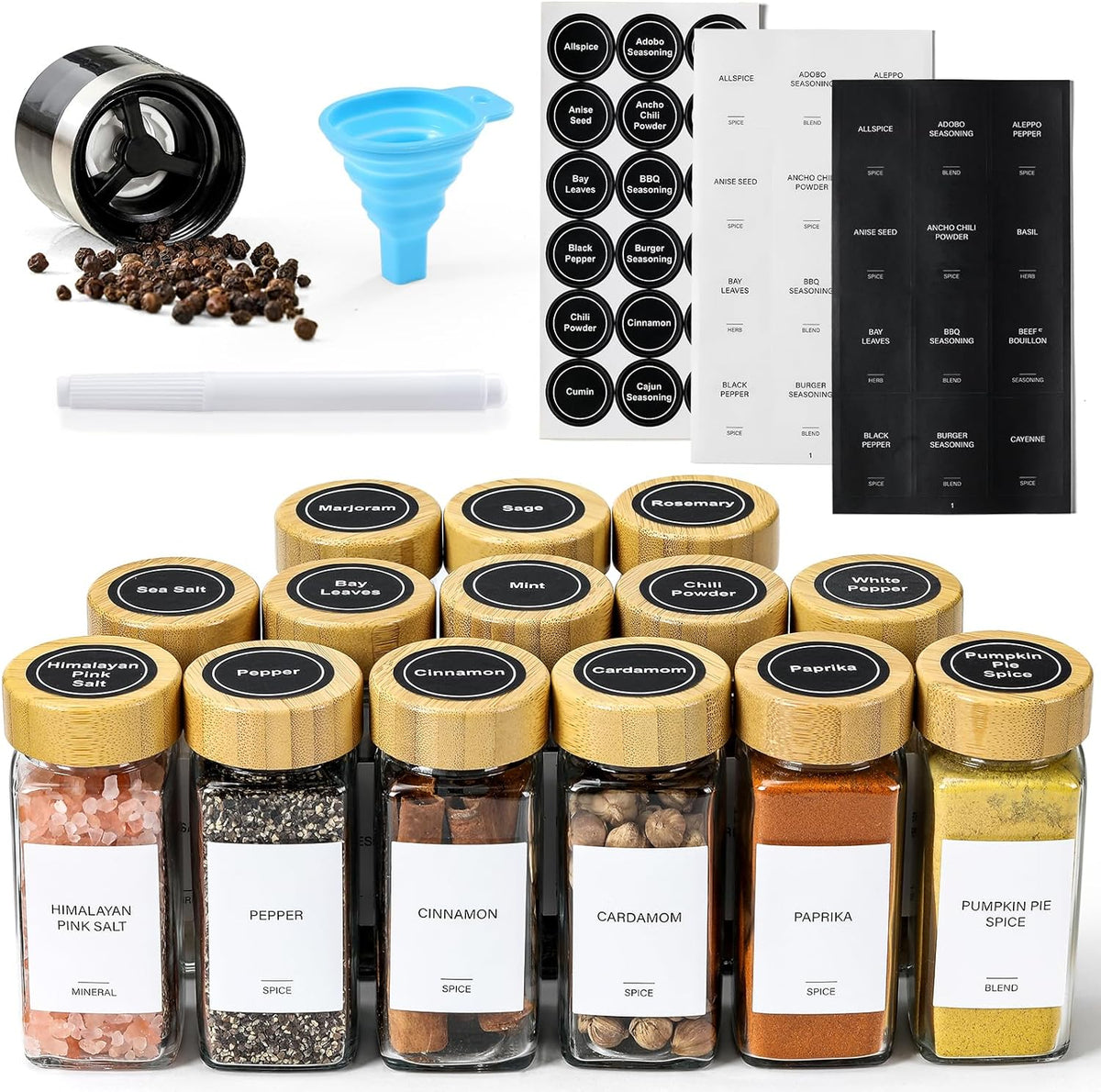 14 Pcs Spice Jars with Bamboo Lids - 4oz Square Spice Bottles with Spice Labels, Shaker Lids, Funnel