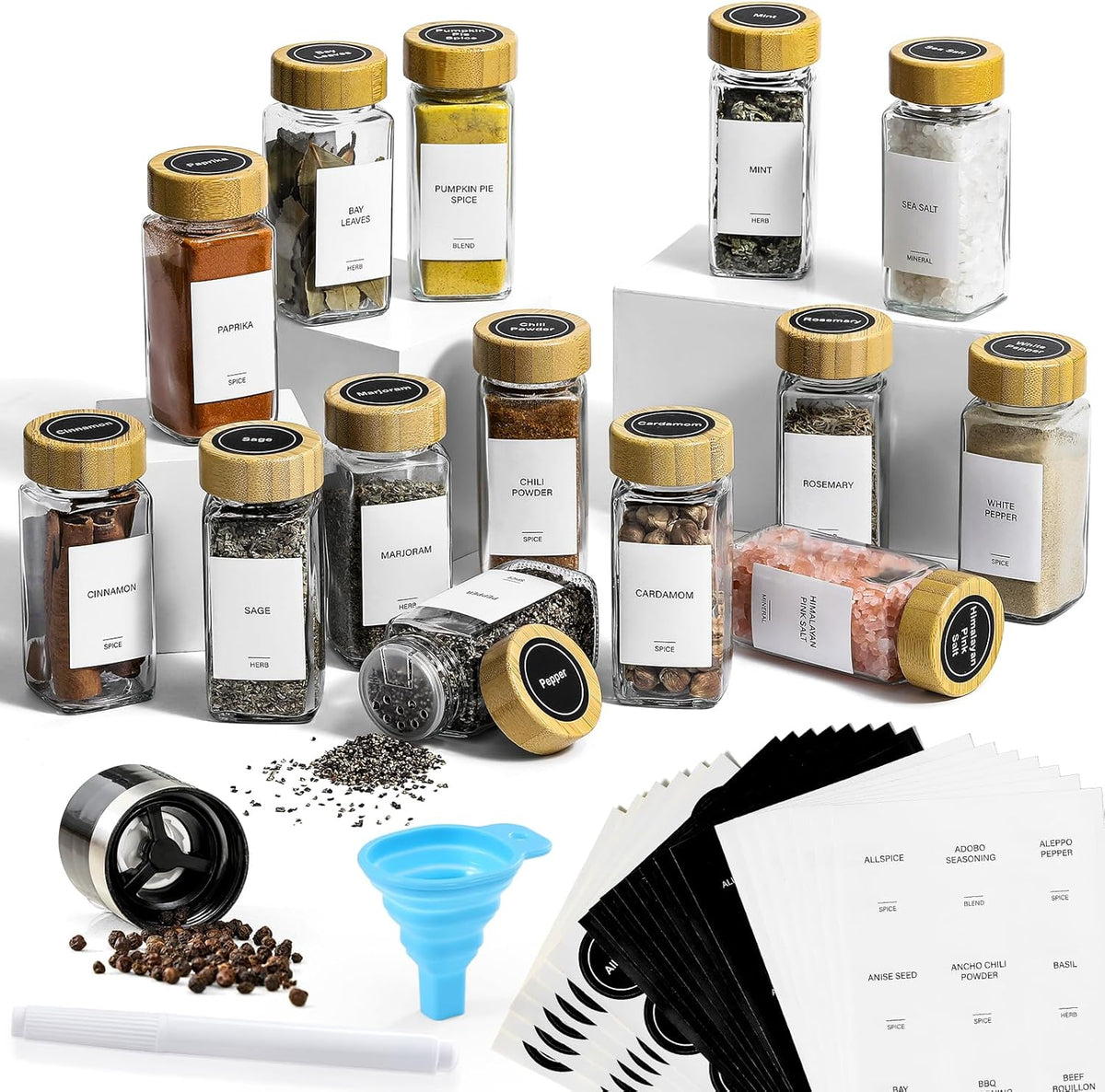 14 Pcs Spice Jars with Bamboo Lids - 4oz Square Spice Bottles with Spice Labels, Shaker Lids, Funnel