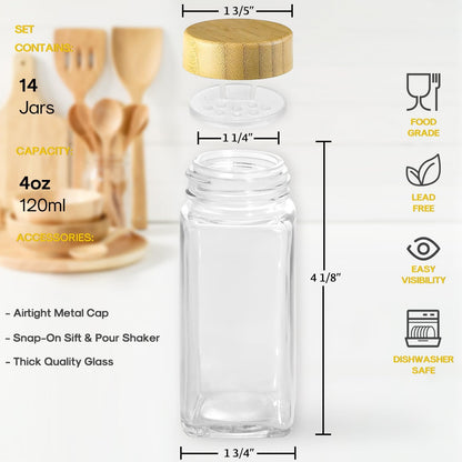 14 Pcs Spice Jars with Bamboo Lids - 4oz Square Spice Bottles with Spice Labels, Shaker Lids, Funnel