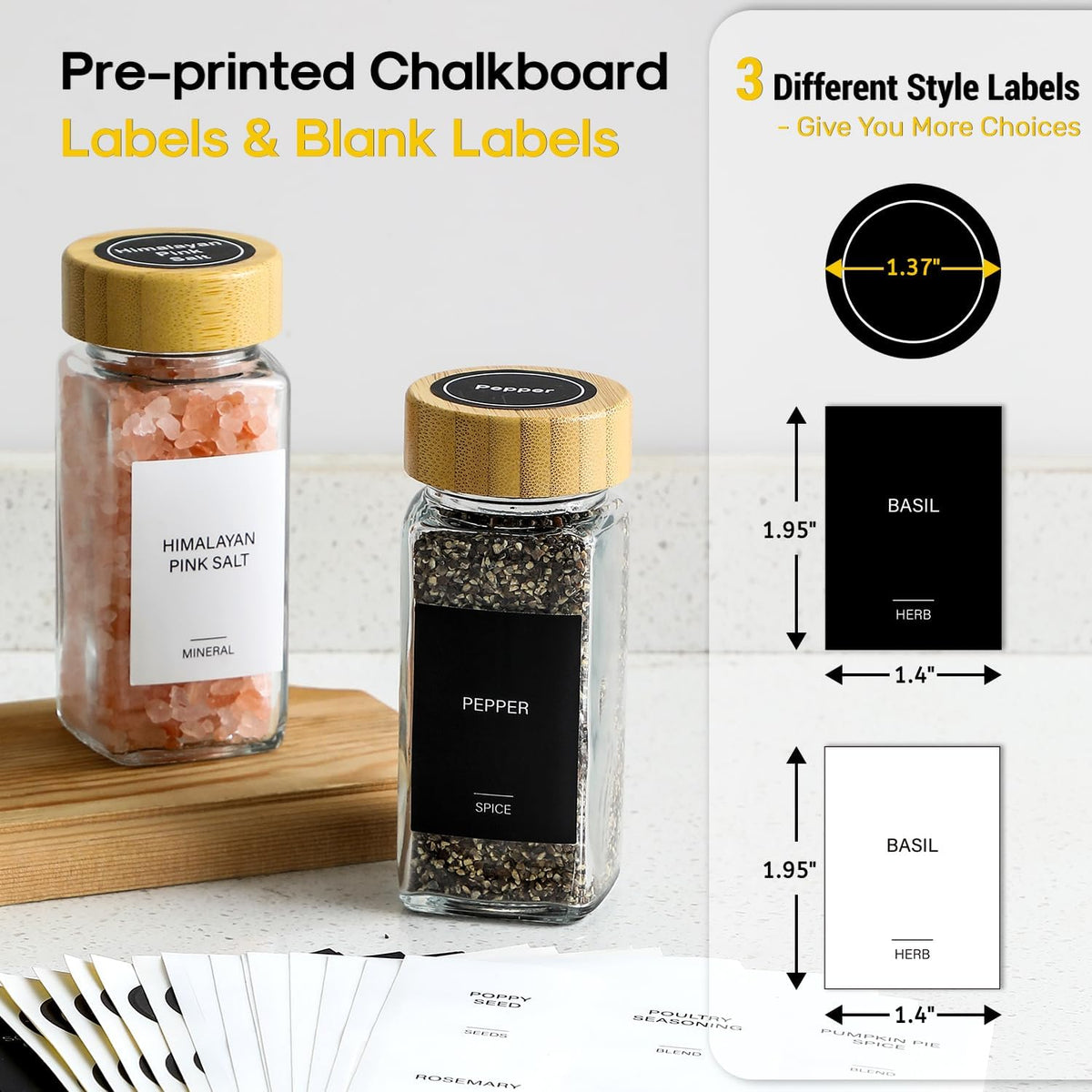 14 Pcs Spice Jars with Bamboo Lids - 4oz Square Spice Bottles with Spice Labels, Shaker Lids, Funnel