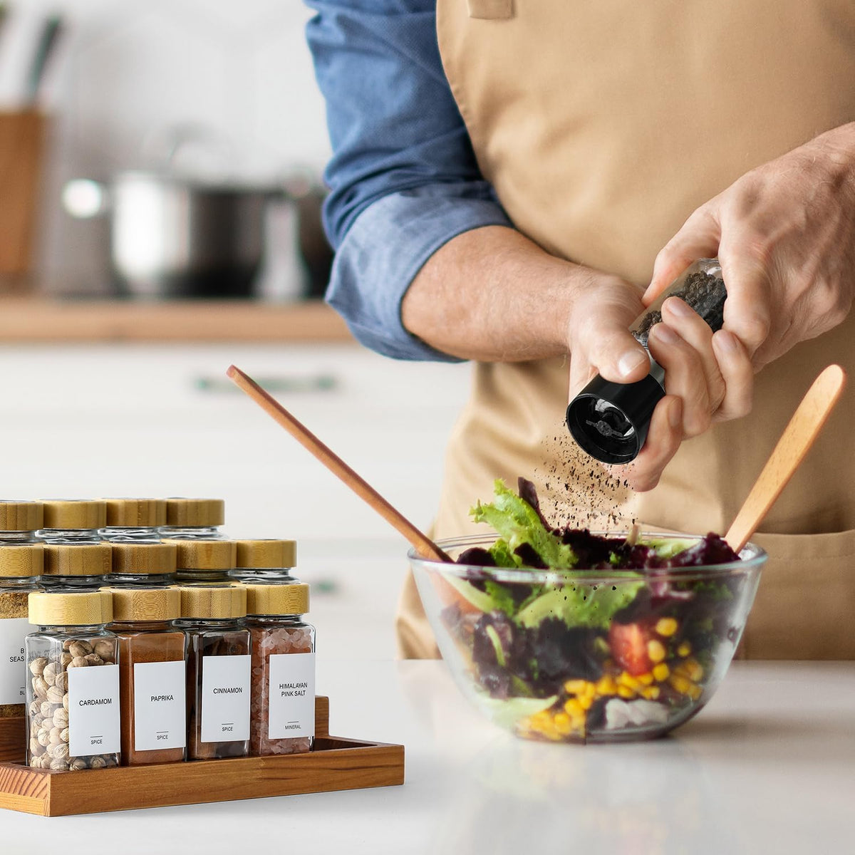 14 Pcs Spice Jars with Bamboo Lids - 4oz Square Spice Bottles with Spice Labels, Shaker Lids, Funnel