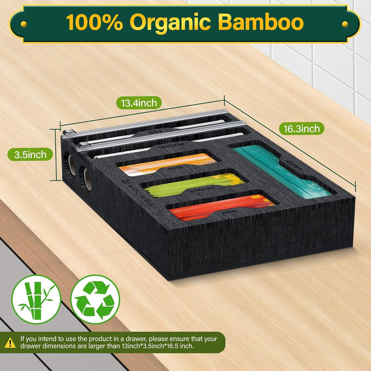 Bag Organizer & Plastic Wrap Dispenser with Cutter, 6 In 1 Bamboo Foil & Plastic Wrap Organizer for Kitchen, Food Storage Bag Organizer