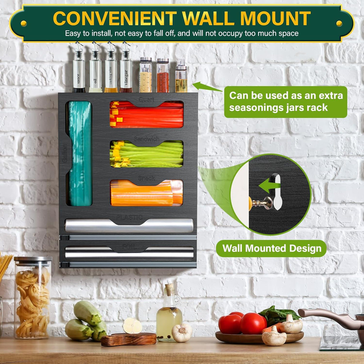 Bag Organizer & Plastic Wrap Dispenser with Cutter, 6 In 1 Bamboo Foil & Plastic Wrap Organizer for Kitchen, Food Storage Bag Organizer