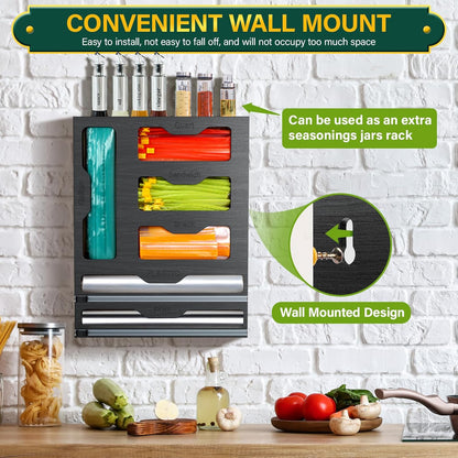 Bag Organizer & Plastic Wrap Dispenser with Cutter, 6 In 1 Bamboo Foil & Plastic Wrap Organizer for Kitchen, Food Storage Bag Organizer