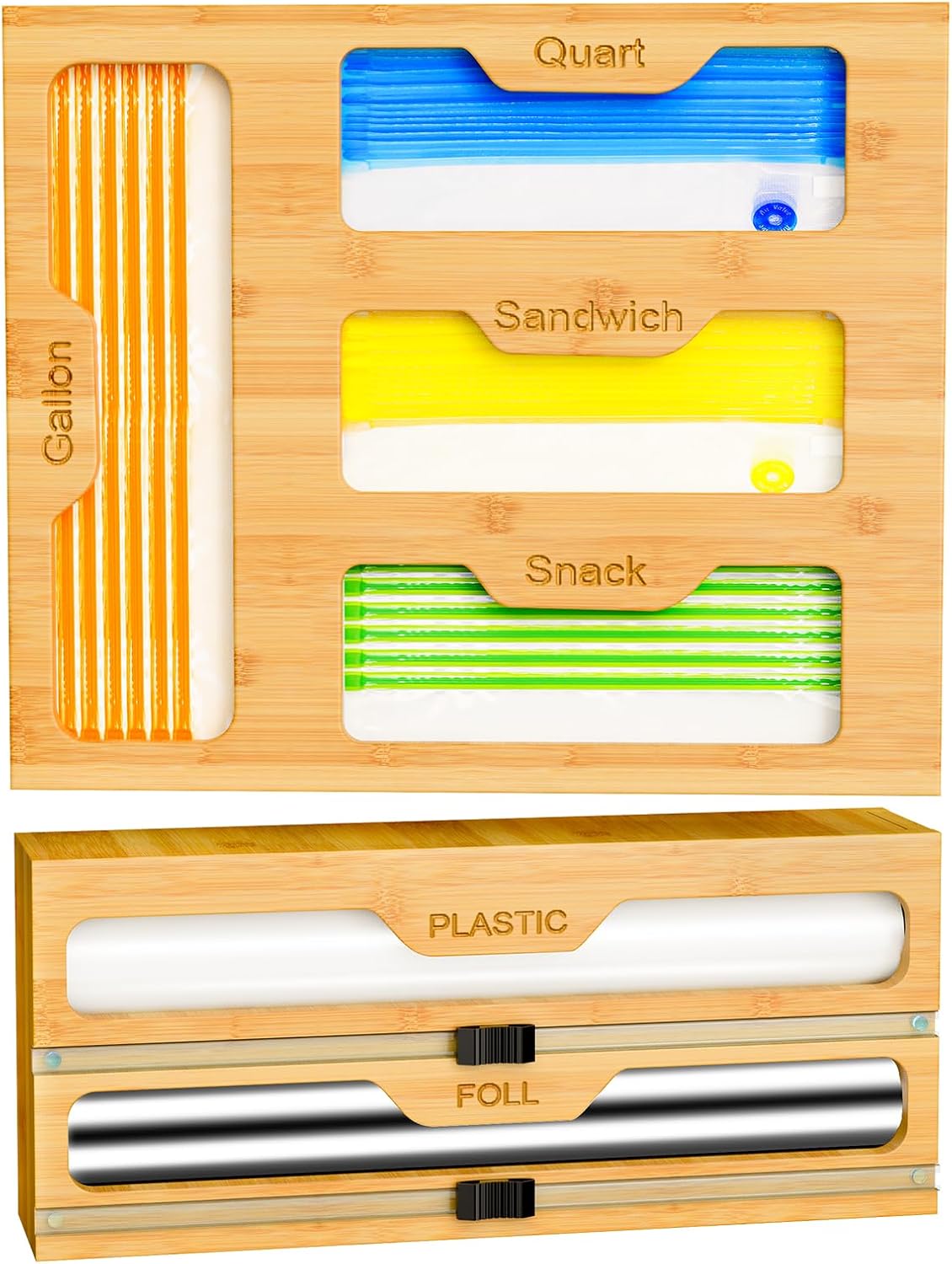 Bag Organizer & Plastic Wrap Dispenser with Cutter, 6 In 1 Bamboo Foil & Plastic Wrap Organizer for Kitchen, Food Storage Bag Organizer
