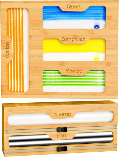 Bag Organizer & Plastic Wrap Dispenser with Cutter, 6 In 1 Bamboo Foil & Plastic Wrap Organizer for Kitchen, Food Storage Bag Organizer