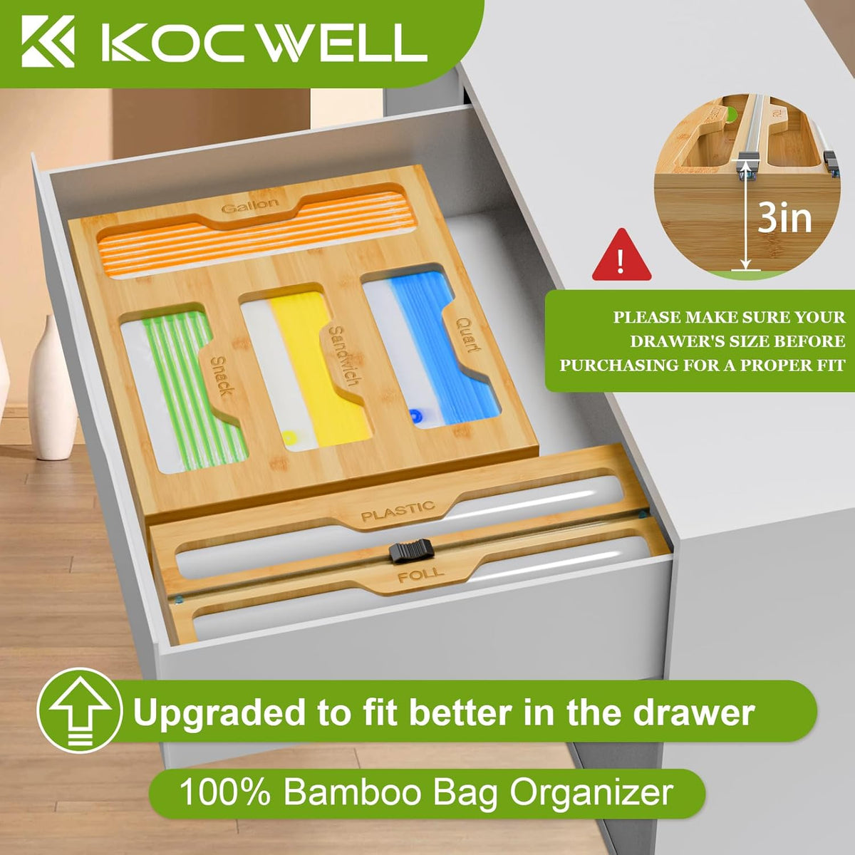 Bag Organizer & Plastic Wrap Dispenser with Cutter, 6 In 1 Bamboo Foil & Plastic Wrap Organizer for Kitchen, Food Storage Bag Organizer