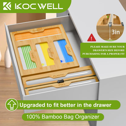 Bag Organizer & Plastic Wrap Dispenser with Cutter, 6 In 1 Bamboo Foil & Plastic Wrap Organizer for Kitchen, Food Storage Bag Organizer
