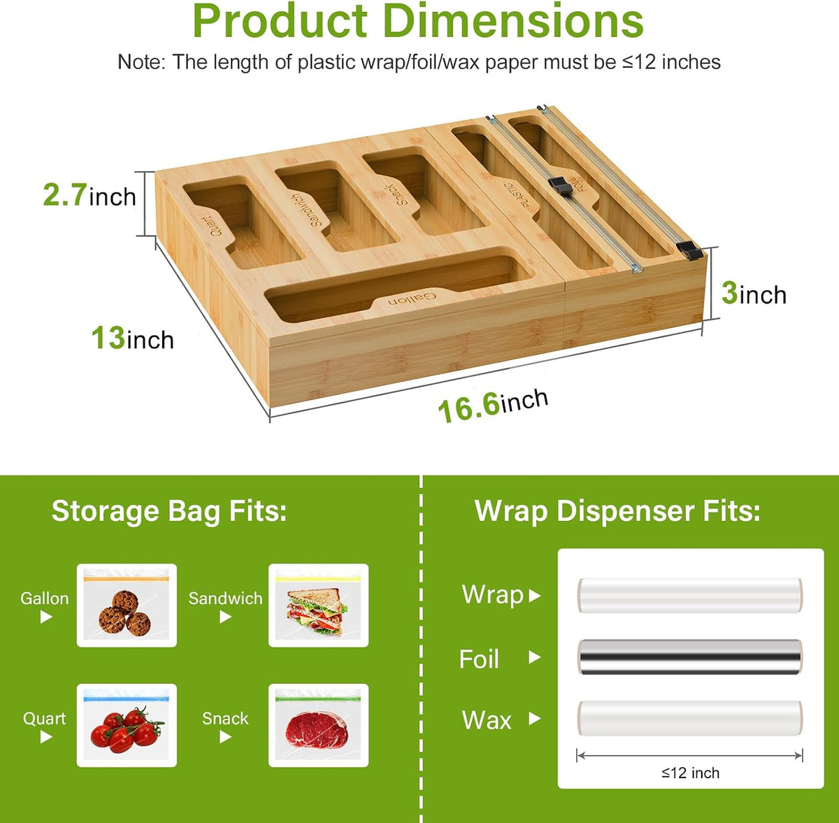 Bag Organizer & Plastic Wrap Dispenser with Cutter, 6 In 1 Bamboo Foil & Plastic Wrap Organizer for Kitchen, Food Storage Bag Organizer