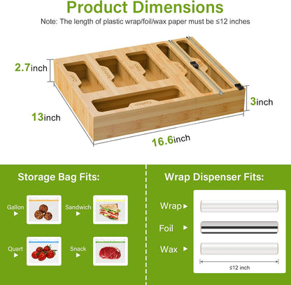 Bag Organizer & Plastic Wrap Dispenser with Cutter, 6 In 1 Bamboo Foil & Plastic Wrap Organizer for Kitchen, Food Storage Bag Organizer