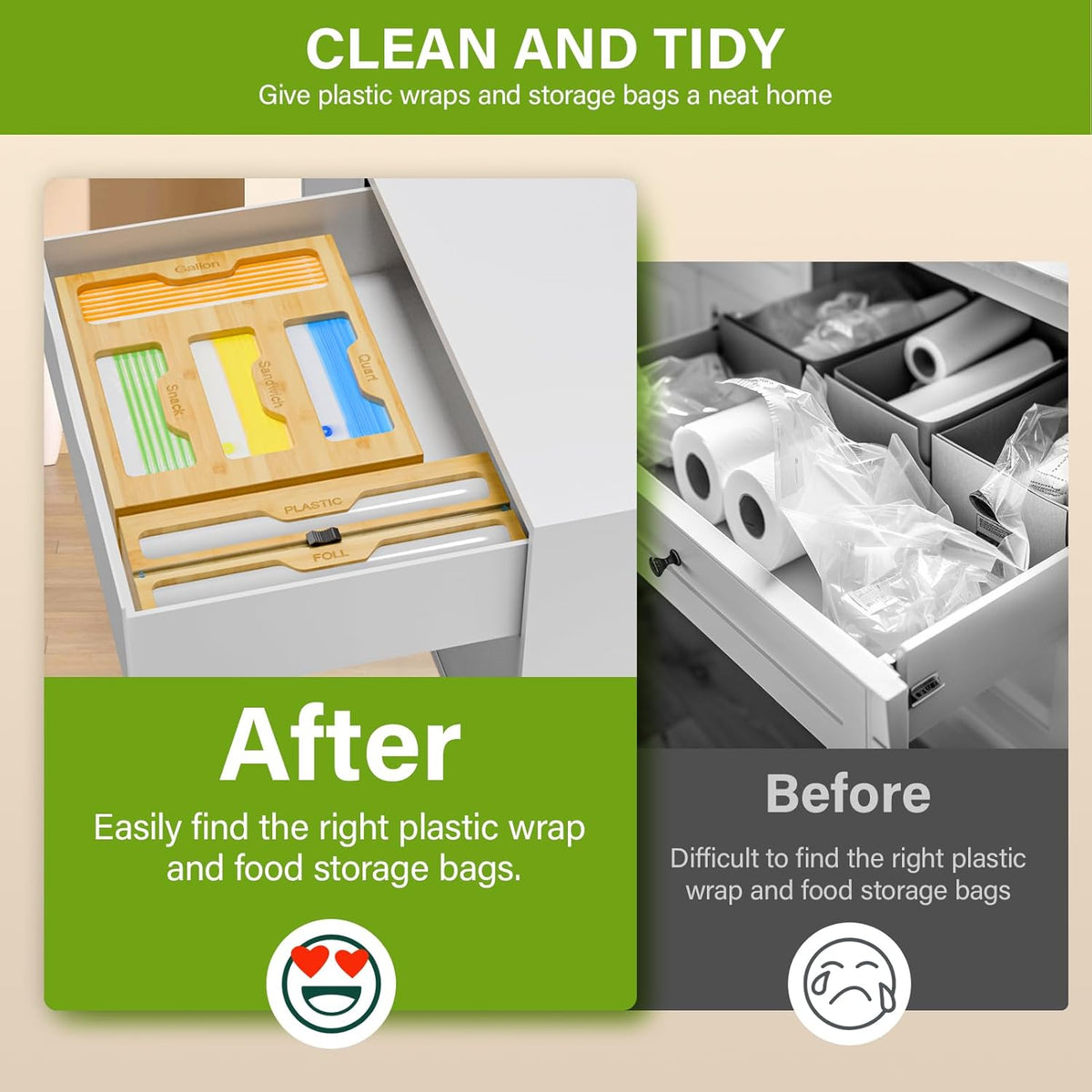 Bag Organizer & Plastic Wrap Dispenser with Cutter, 6 In 1 Bamboo Foil & Plastic Wrap Organizer for Kitchen, Food Storage Bag Organizer