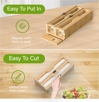 Bag Organizer & Plastic Wrap Dispenser with Cutter, 6 In 1 Bamboo Foil & Plastic Wrap Organizer for Kitchen, Food Storage Bag Organizer