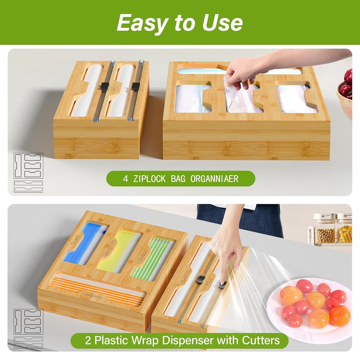 Bag Organizer & Plastic Wrap Dispenser with Cutter, 6 In 1 Bamboo Foil & Plastic Wrap Organizer for Kitchen, Food Storage Bag Organizer