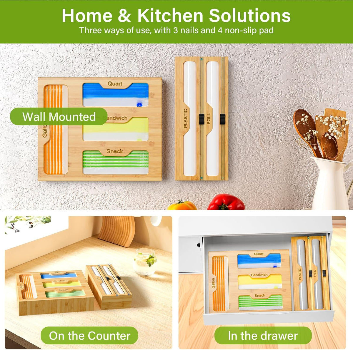 Bag Organizer & Plastic Wrap Dispenser with Cutter, 6 In 1 Bamboo Foil & Plastic Wrap Organizer for Kitchen, Food Storage Bag Organizer