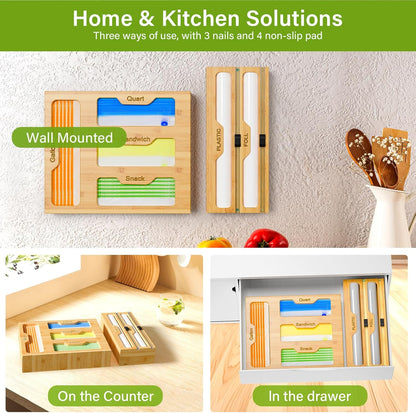 Bag Organizer & Plastic Wrap Dispenser with Cutter, 6 In 1 Bamboo Foil & Plastic Wrap Organizer for Kitchen, Food Storage Bag Organizer