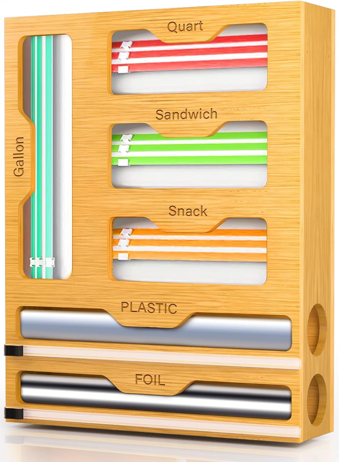 Bag Organizer & Plastic Wrap Dispenser with Cutter, 6 In 1 Bamboo Foil & Plastic Wrap Organizer for Kitchen, Food Storage Bag Organizer