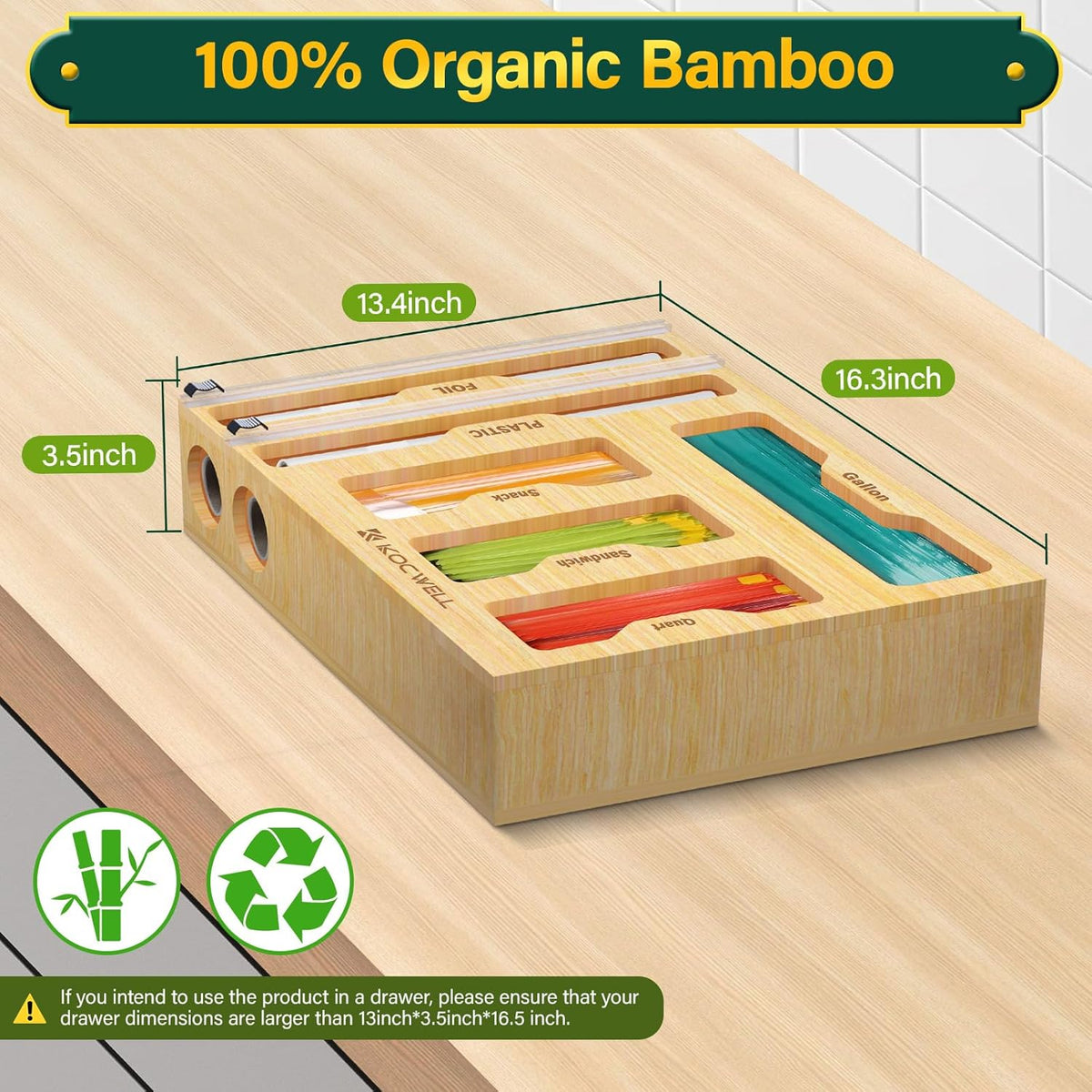 Bag Organizer & Plastic Wrap Dispenser with Cutter, 6 In 1 Bamboo Foil & Plastic Wrap Organizer for Kitchen, Food Storage Bag Organizer