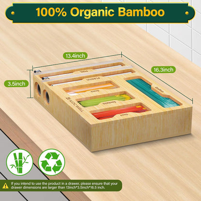 Bag Organizer & Plastic Wrap Dispenser with Cutter, 6 In 1 Bamboo Foil & Plastic Wrap Organizer for Kitchen, Food Storage Bag Organizer