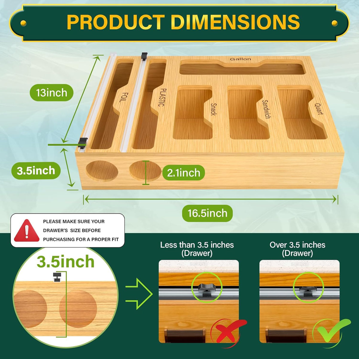 Bag Organizer & Plastic Wrap Dispenser with Cutter, 6 In 1 Bamboo Foil & Plastic Wrap Organizer for Kitchen, Food Storage Bag Organizer