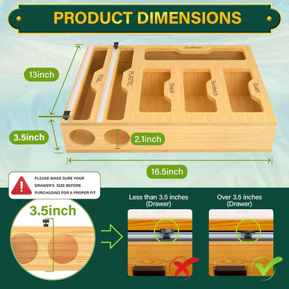 Bag Organizer & Plastic Wrap Dispenser with Cutter, 6 In 1 Bamboo Foil & Plastic Wrap Organizer for Kitchen, Food Storage Bag Organizer
