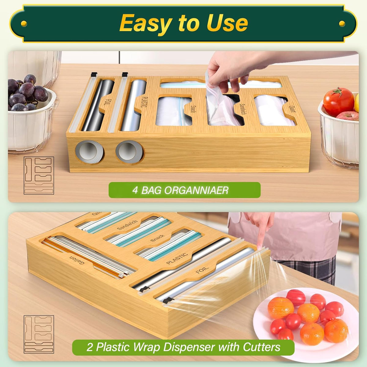 Bag Organizer & Plastic Wrap Dispenser with Cutter, 6 In 1 Bamboo Foil & Plastic Wrap Organizer for Kitchen, Food Storage Bag Organizer