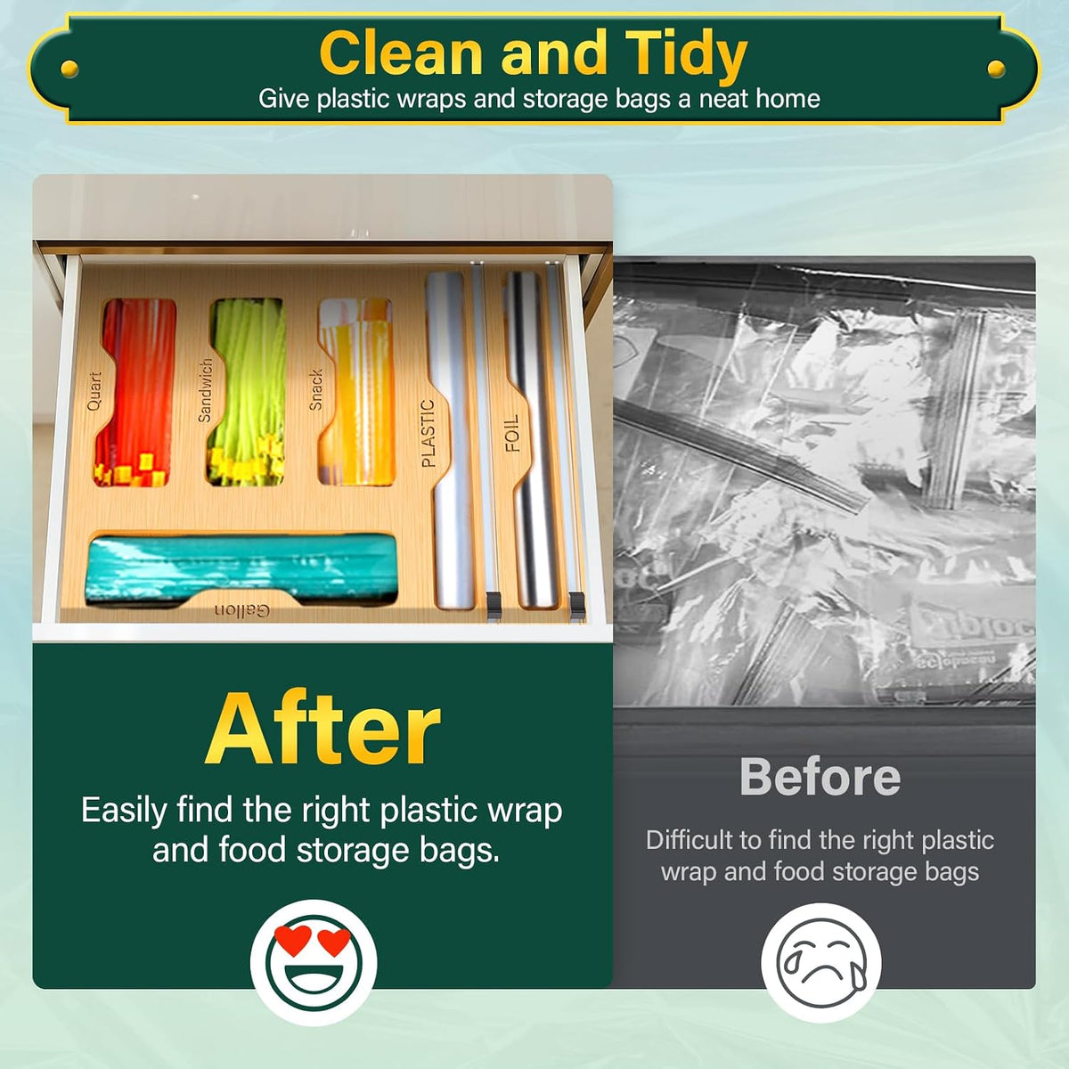 Bag Organizer & Plastic Wrap Dispenser with Cutter, 6 In 1 Bamboo Foil & Plastic Wrap Organizer for Kitchen, Food Storage Bag Organizer