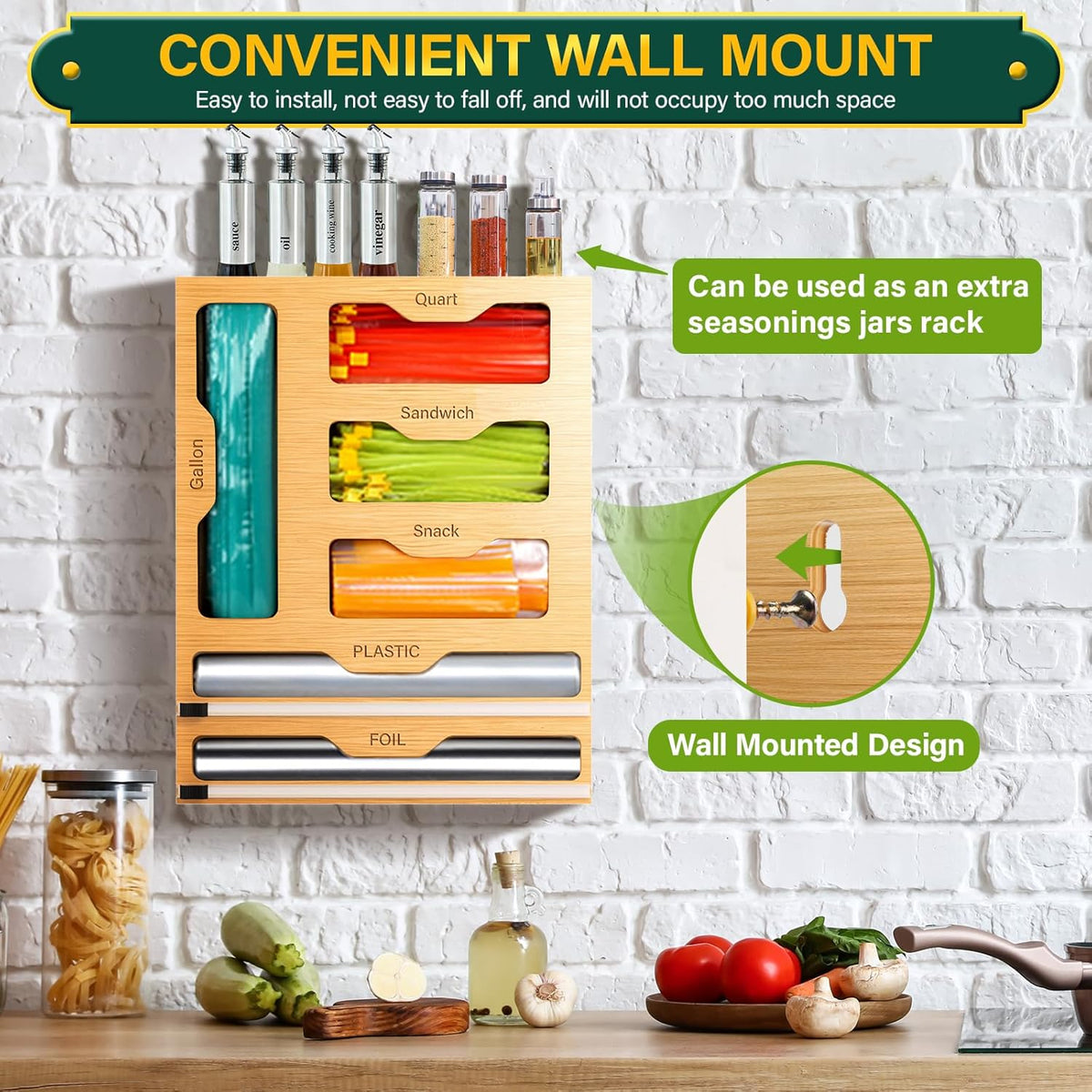 Bag Organizer & Plastic Wrap Dispenser with Cutter, 6 In 1 Bamboo Foil & Plastic Wrap Organizer for Kitchen, Food Storage Bag Organizer