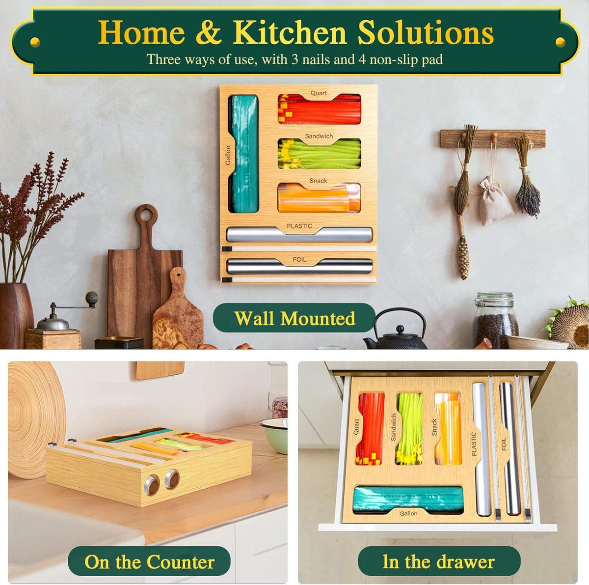 Bag Organizer & Plastic Wrap Dispenser with Cutter, 6 In 1 Bamboo Foil & Plastic Wrap Organizer for Kitchen, Food Storage Bag Organizer