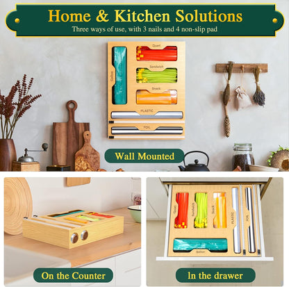 Bag Organizer & Plastic Wrap Dispenser with Cutter, 6 In 1 Bamboo Foil & Plastic Wrap Organizer for Kitchen, Food Storage Bag Organizer