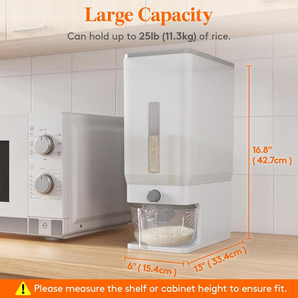 Rice Container 26 Lbs, One-Press Dispenser with Measuring Cup