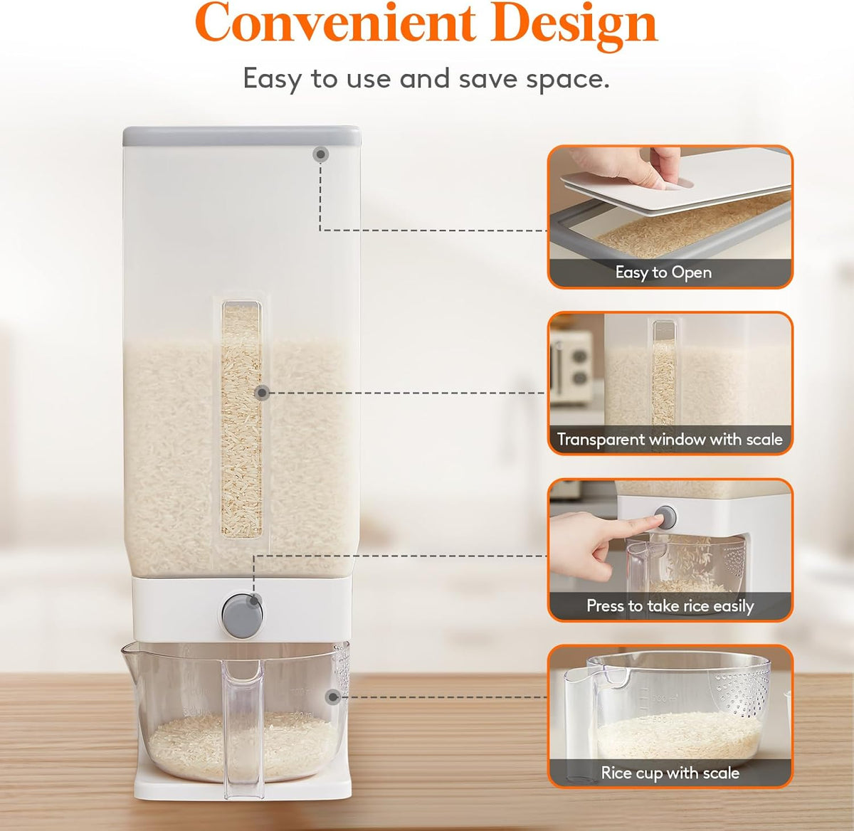 Rice Container 26 Lbs, One-Press Dispenser with Measuring Cup