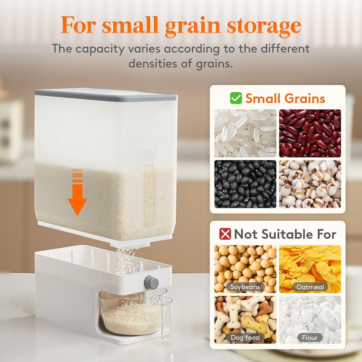 Rice Container 26 Lbs, One-Press Dispenser with Measuring Cup