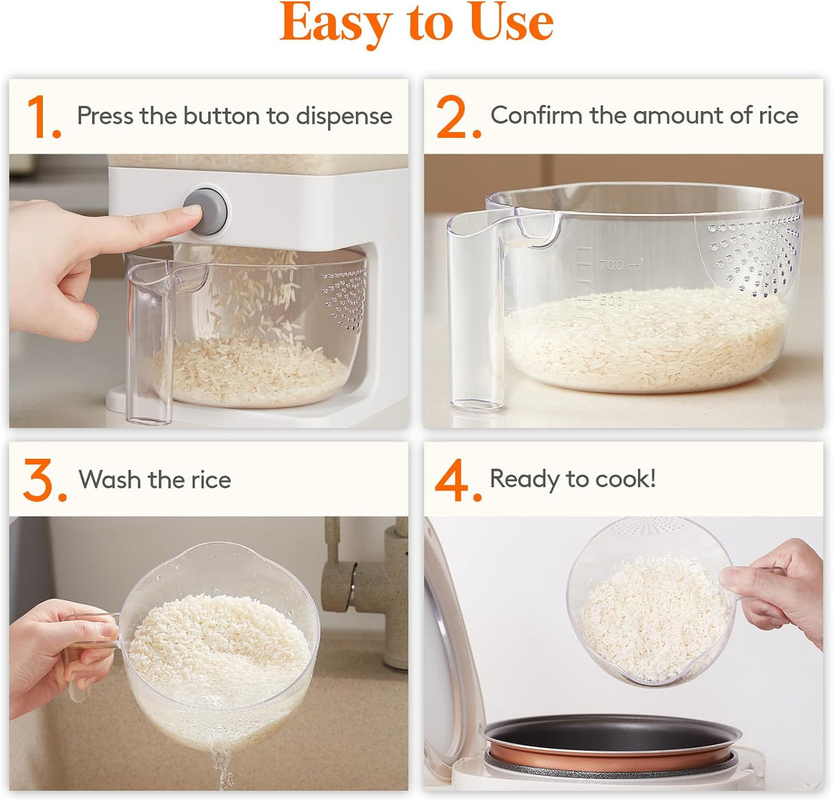 Rice Container 26 Lbs, One-Press Dispenser with Measuring Cup