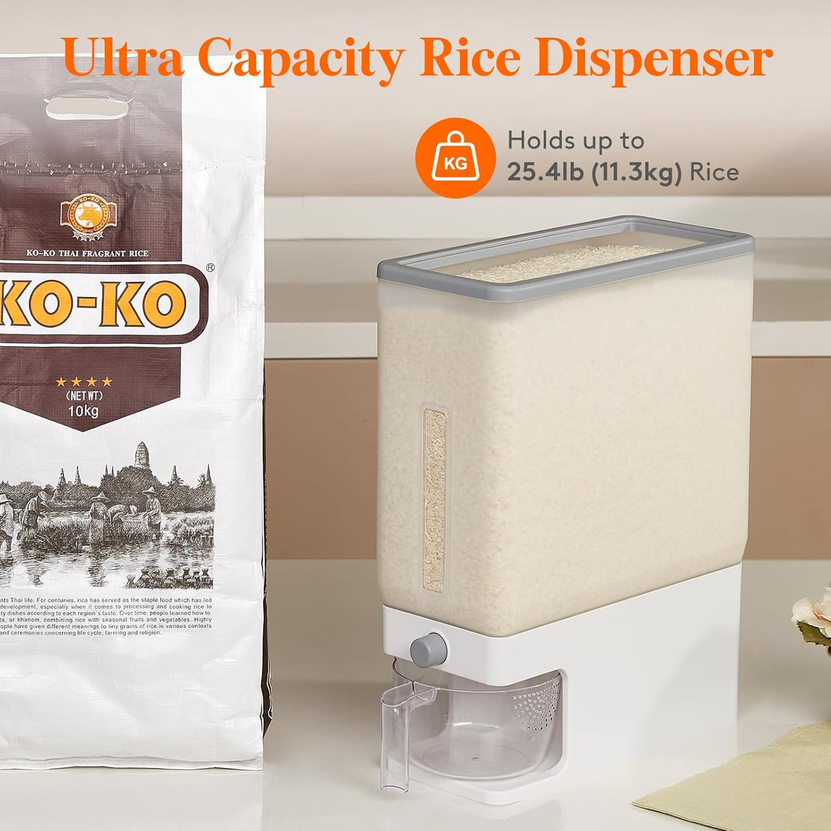Rice Container 26 Lbs, One-Press Dispenser with Measuring Cup