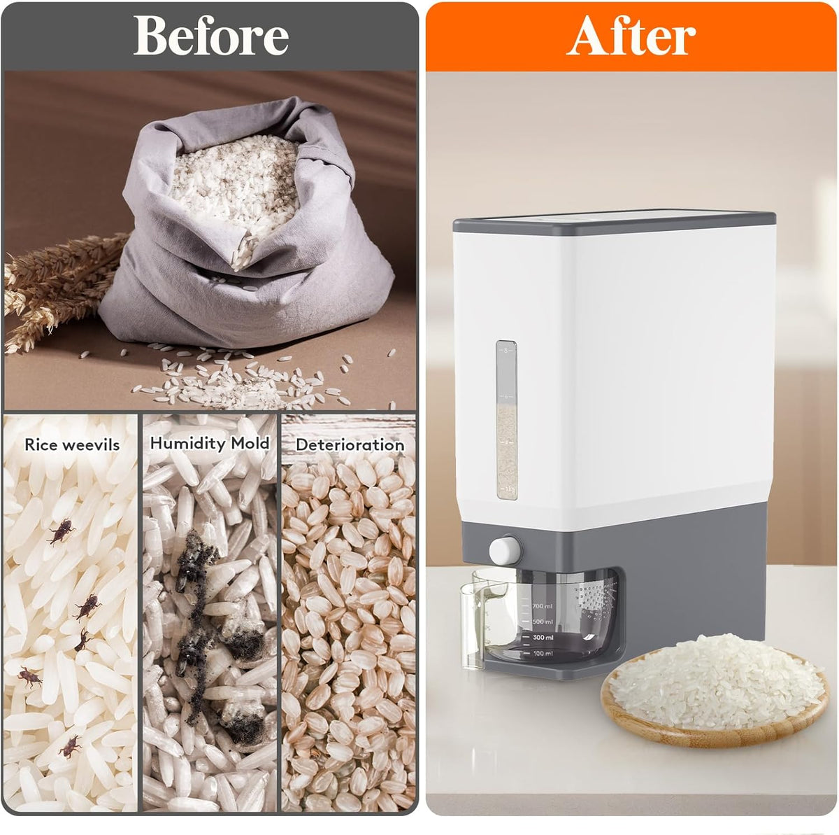 Rice Container 26 Lbs, One-Press Dispenser with Measuring Cup
