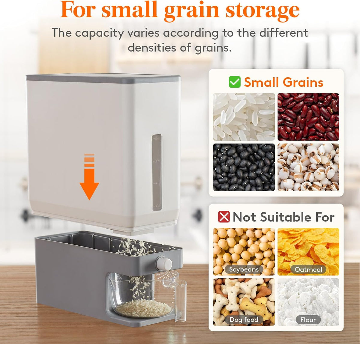 Rice Container 26 Lbs, One-Press Dispenser with Measuring Cup