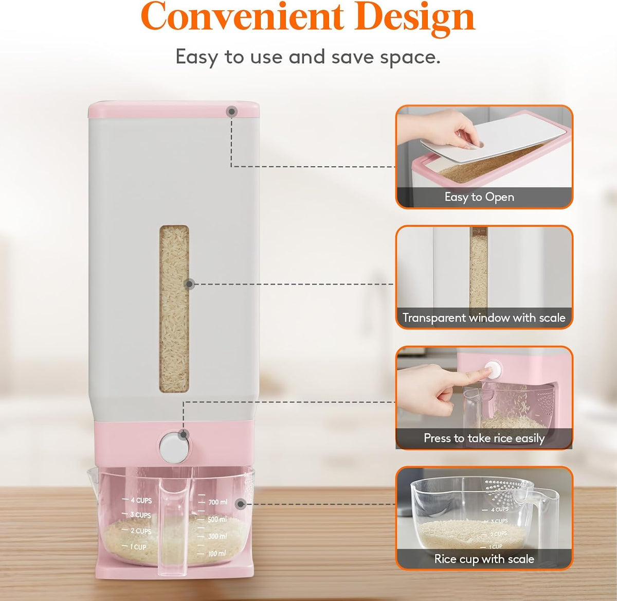Rice Container 26 Lbs, One-Press Dispenser with Measuring Cup