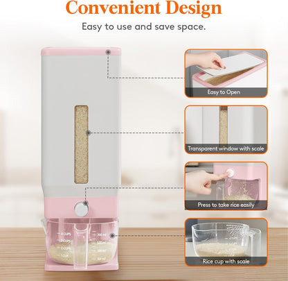Rice Container 26 Lbs, One-Press Dispenser with Measuring Cup
